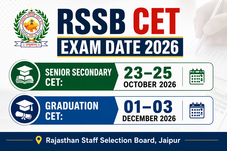 RSSB CET EXAM DATE 2026 Senior Secondary CET: 23–25 October 2026 Graduation CET: 01–03 December 2026 Rajasthan Staff Selection Board, Jaipur